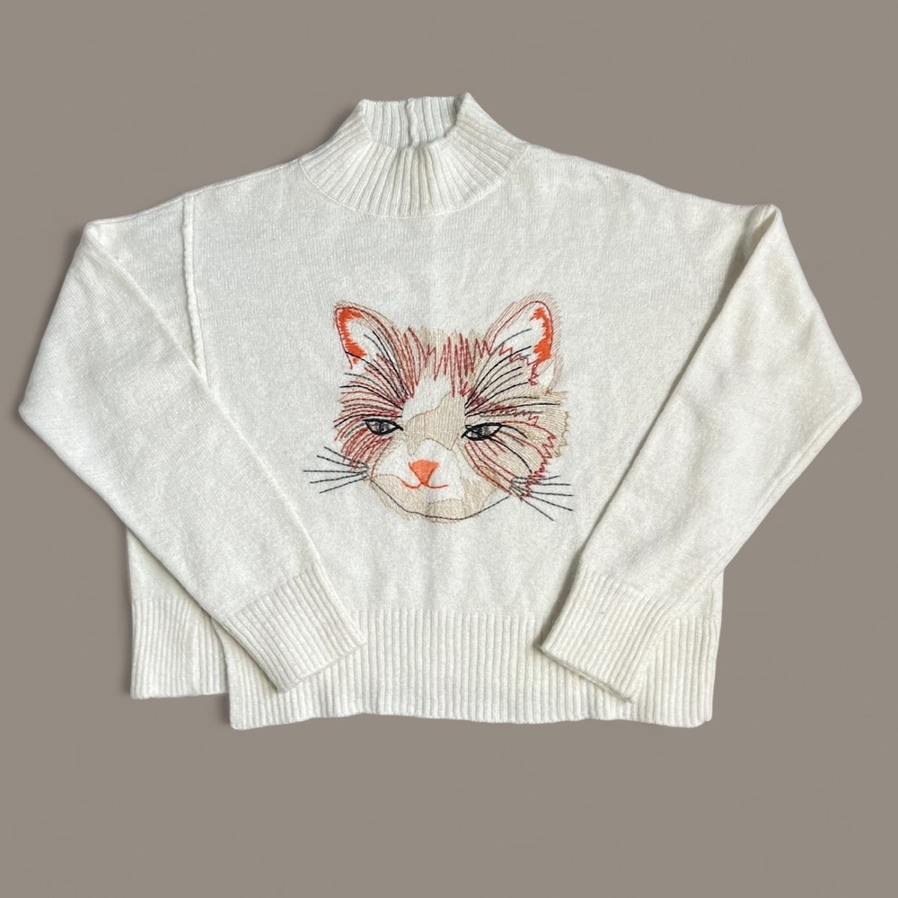 Anthropologie Moth Miaou Cat Mock Neck Wool Blend Embroidered Sweater Medium